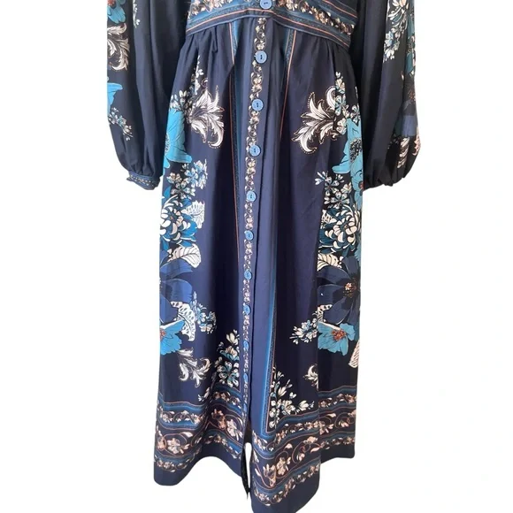 NWT FARM Rio Bloom Tapestry Black Plunge Bishop Sleeve Maxi Dress - Picture 3 of 11